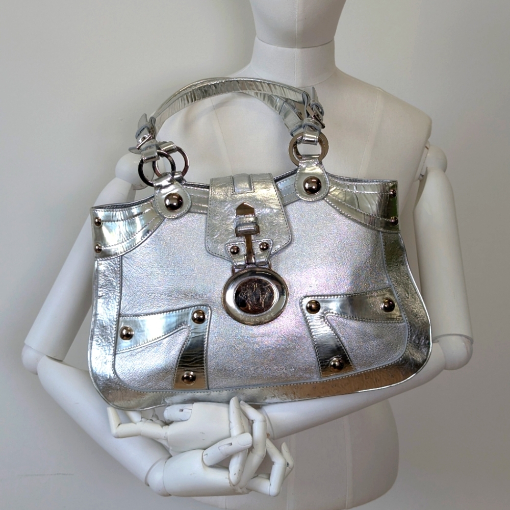 Authentic Y2K Vintage Silver Metallic Versace‎ leather and Ostrich Leather Purse